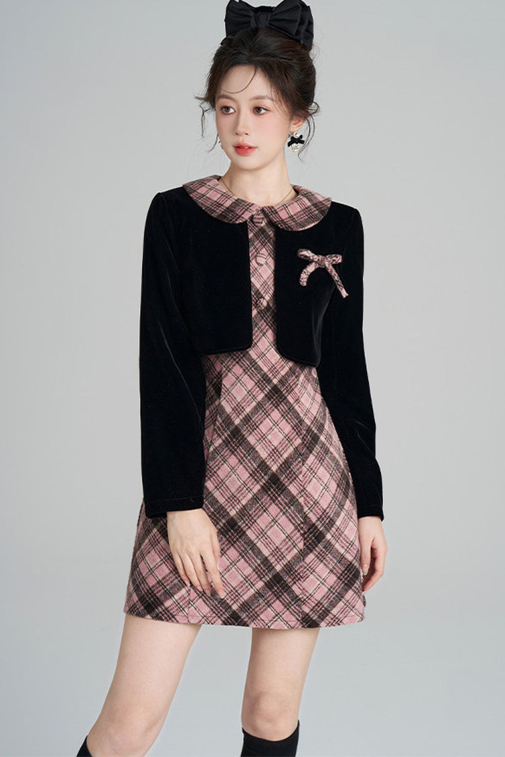 Layered-Look A-Line Plaid Dress