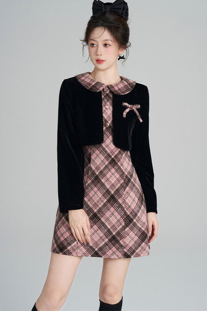 Layered-Look A-Line Plaid Dress