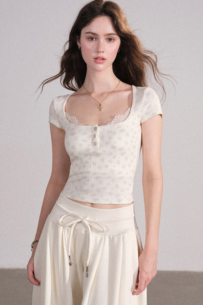 Square Neck Lace Ribbed Crop Top