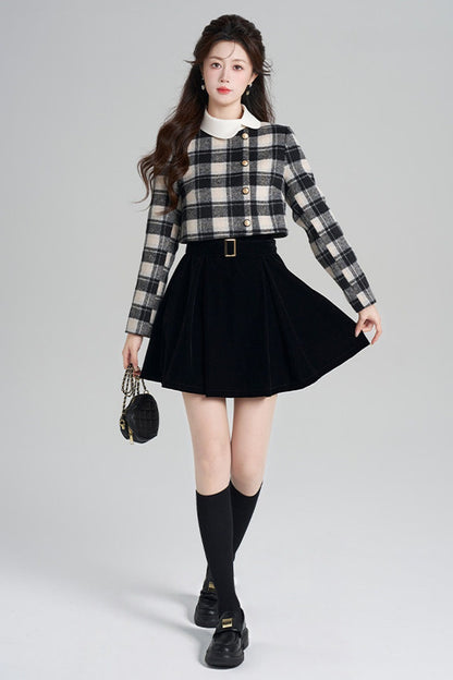 Layered-Look Plaid Velvet A-Line Dress