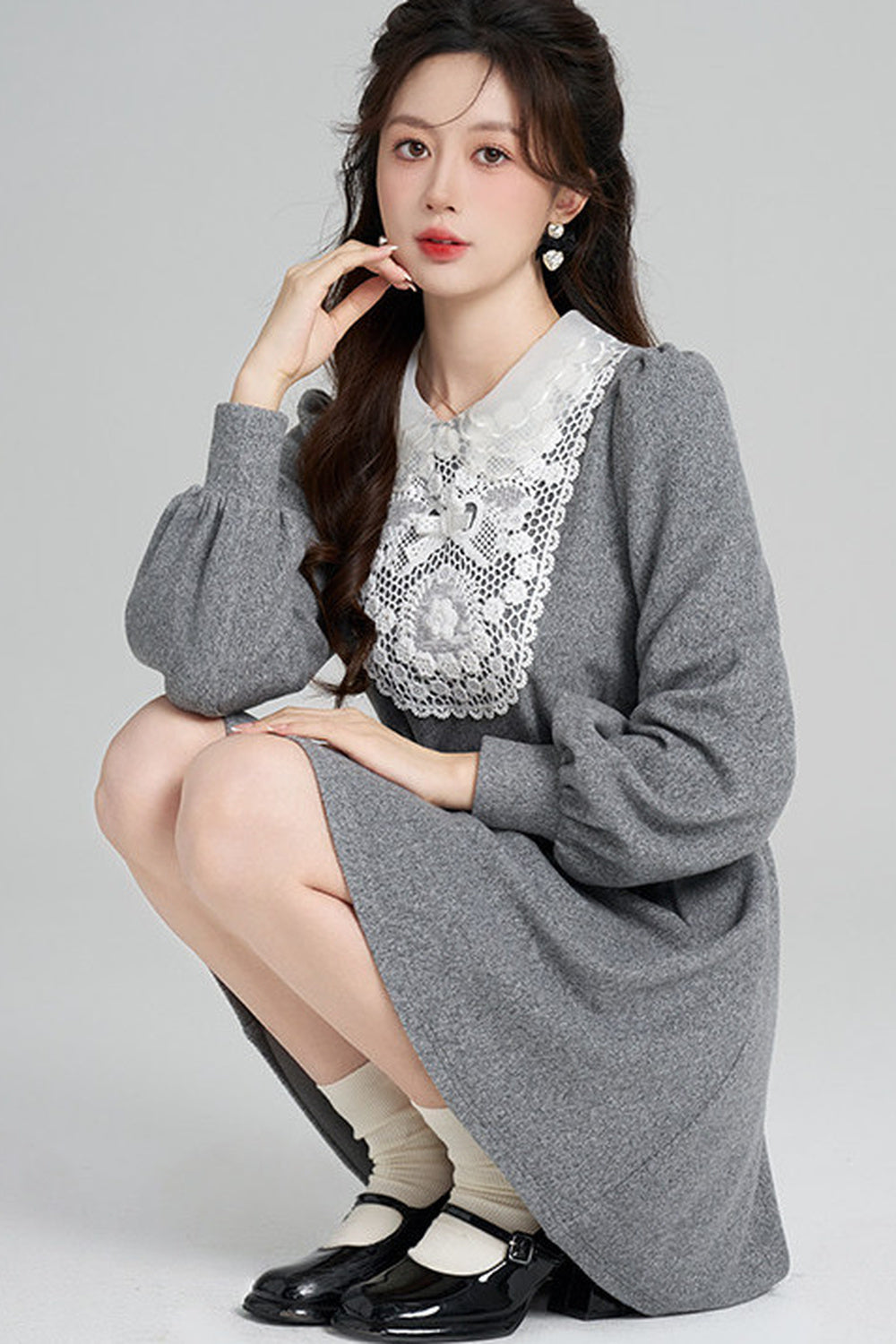 Lace Patchwork Puff Sleeve Dress