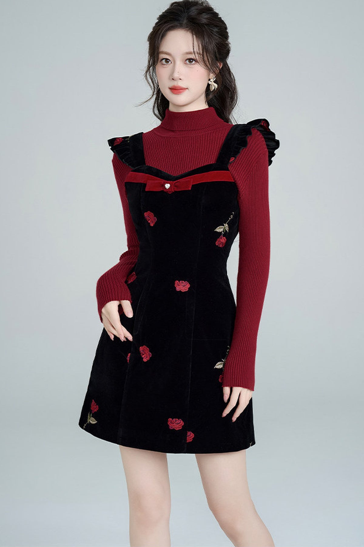 Rose Velvet Strap Dress Set-Up