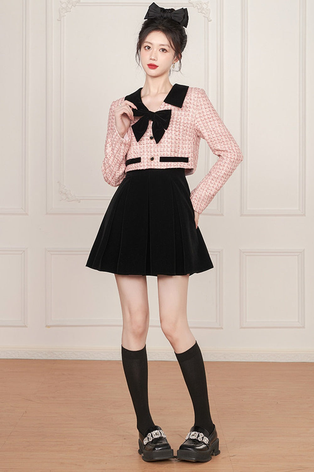 Pink Bow Layered-Look Tweed Dress