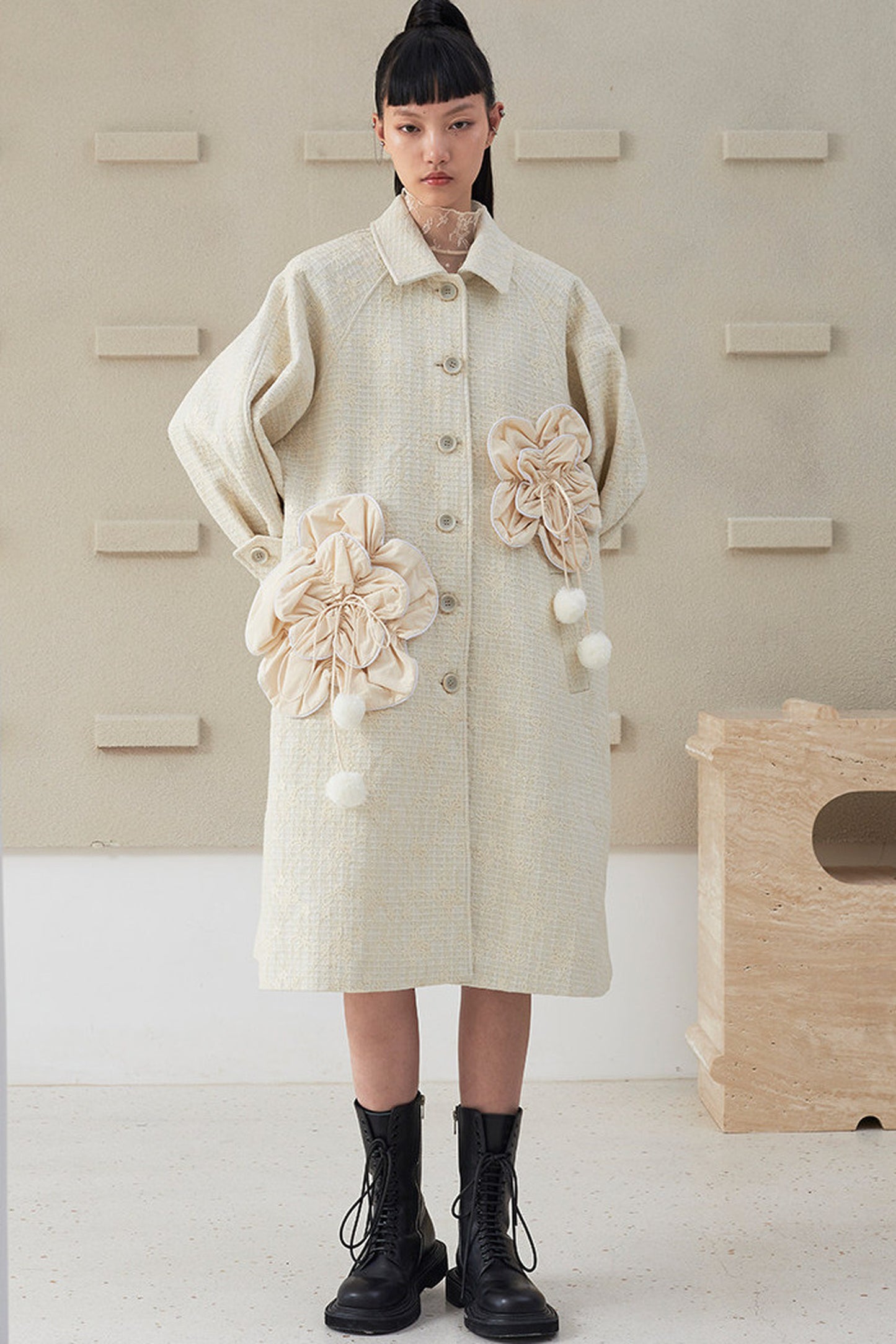 Floral Pleated Wool Coat