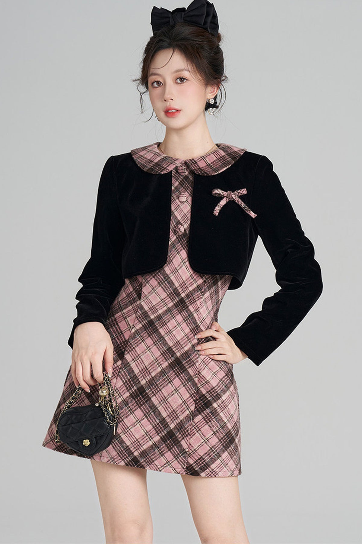 Layered-Look A-Line Plaid Dress