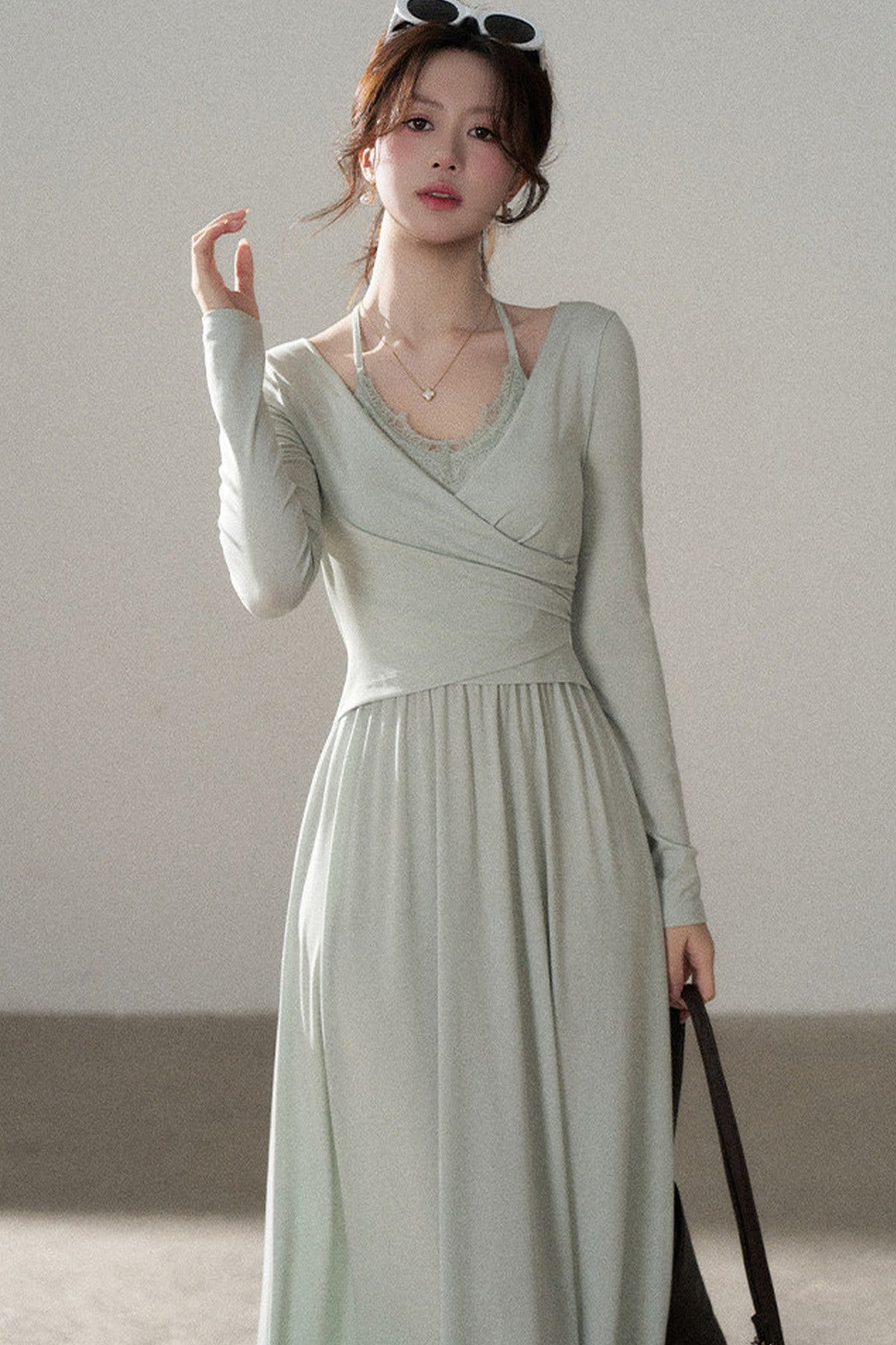 Long Sleeve V-Neck Lace Knit Dress
