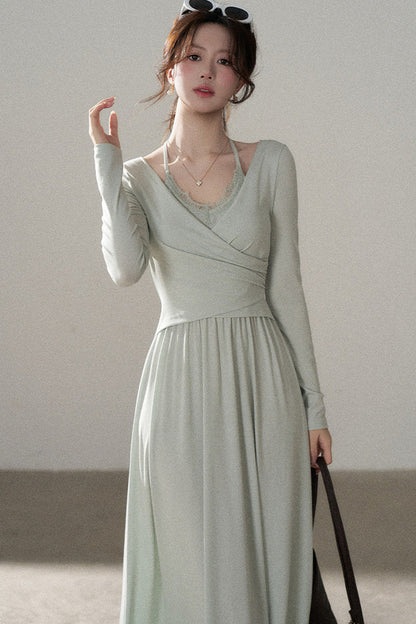 Long Sleeve V-Neck Lace Knit Dress