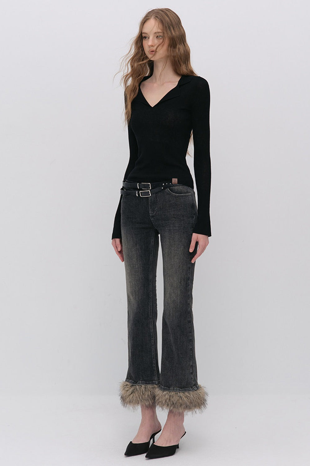 Detachable Frayed Hem Washed Flared Jeans