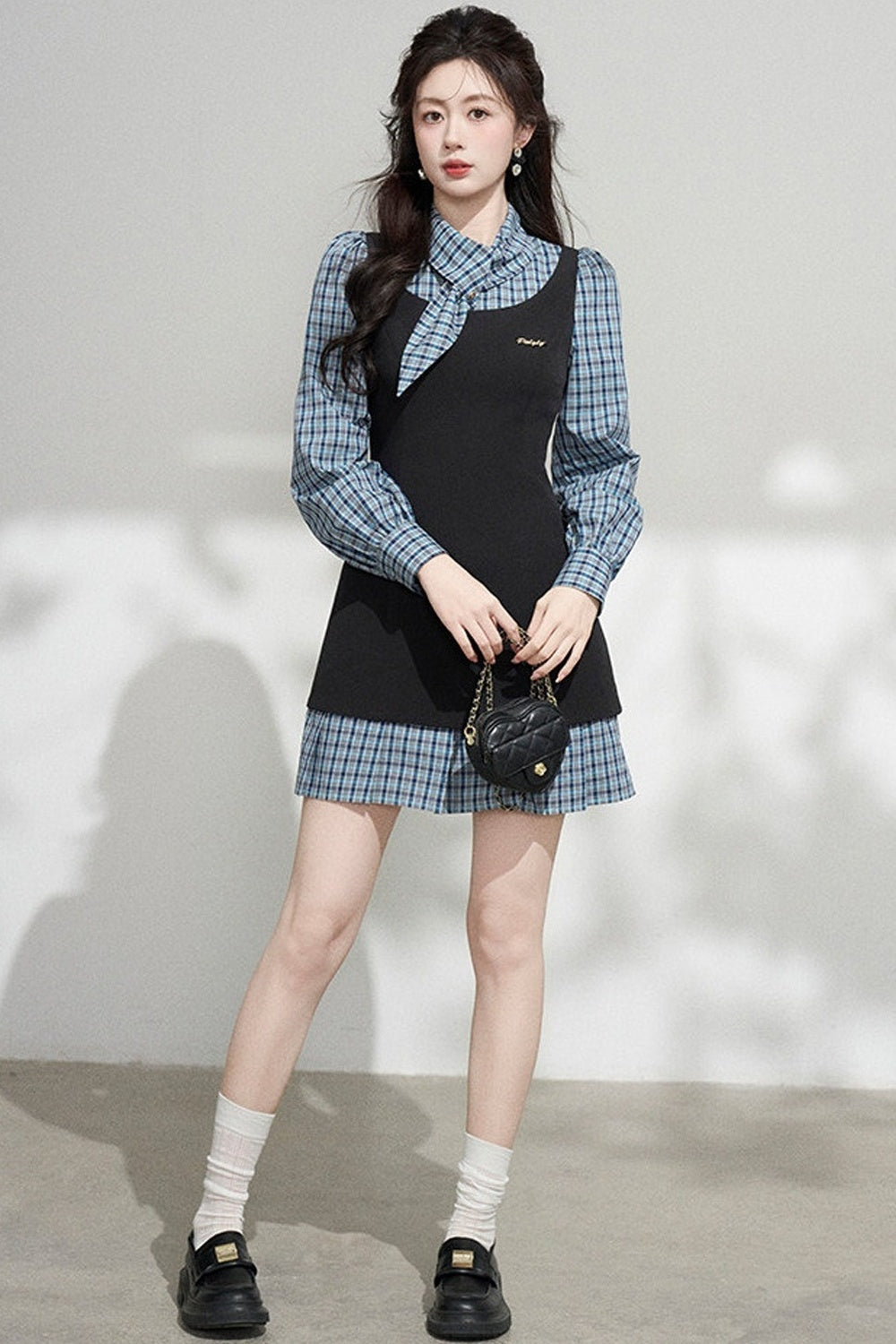 Blue Plaid Layered-Look Dress
