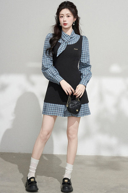Blue Plaid Layered-Look Dress