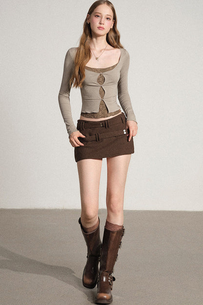 Layered-Look Hollow Out Long Sleeve Top