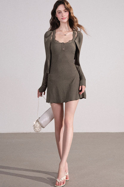 Slim Fit Cardigan and Tank Dress Set-Up