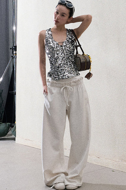 Liquid Cotton Ruffle Wide-Leg Pants