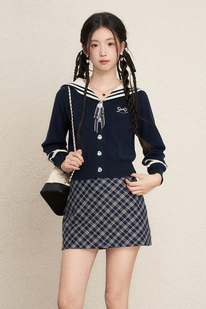 Bow Sailor Collar Knit Cardigan Set-Up