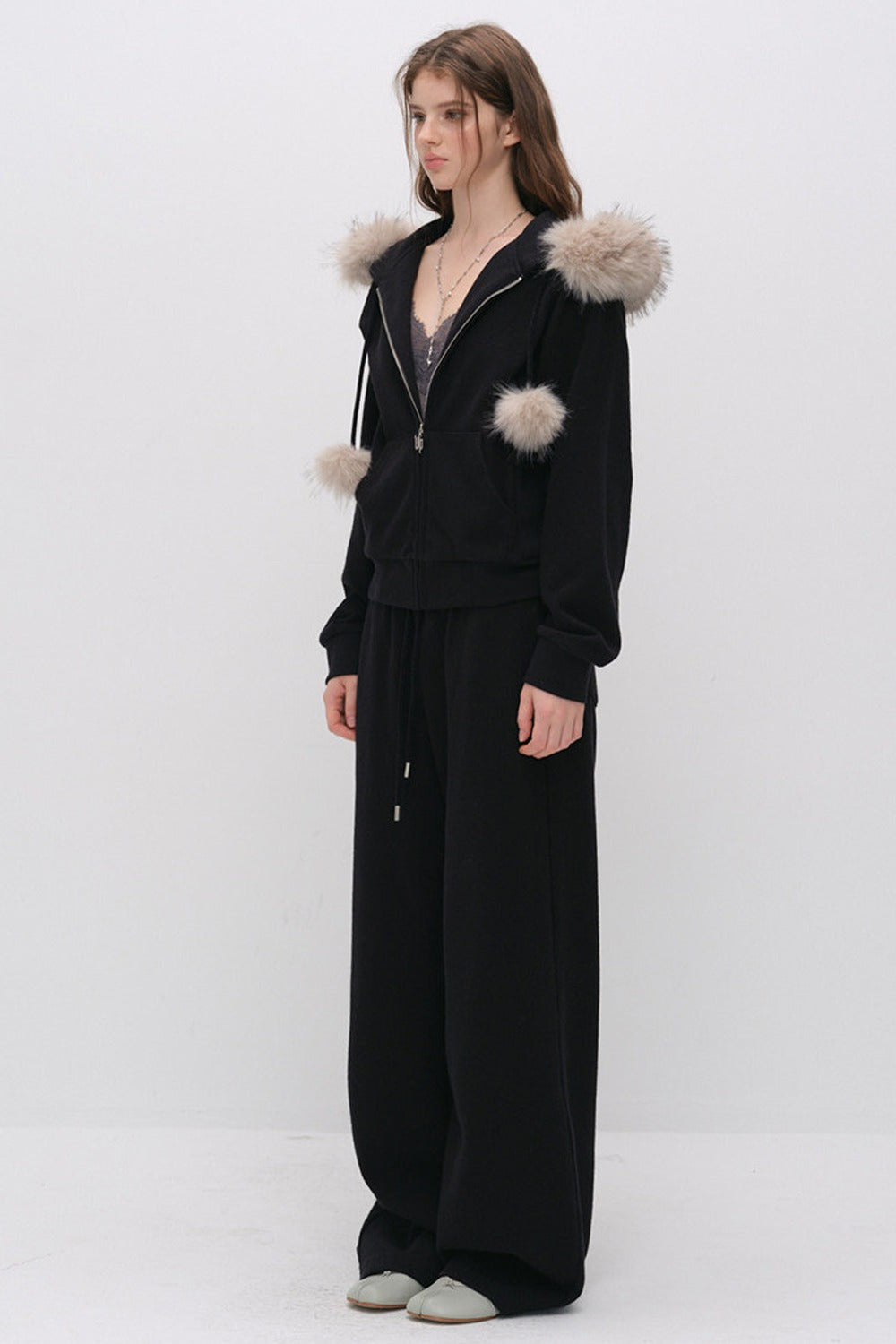 Fur Trim Hooded Sweatshirt and Sweatpants Set-Up