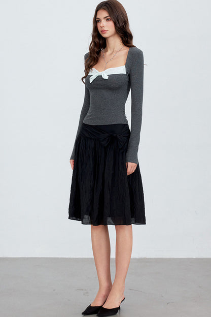 Contrast Bow Square Neck Long-Sleeve Top