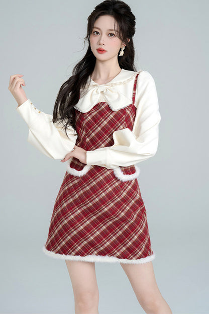 Red Plaid Dress and Apricot Shirt Set-Up