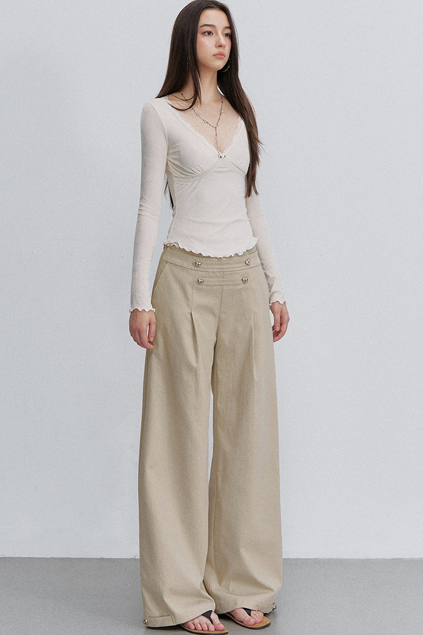 Pleated Heart Button Pants