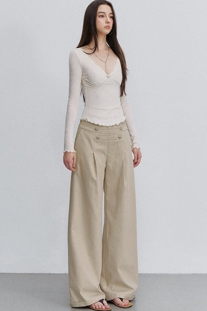 Pleated Heart Button Pants