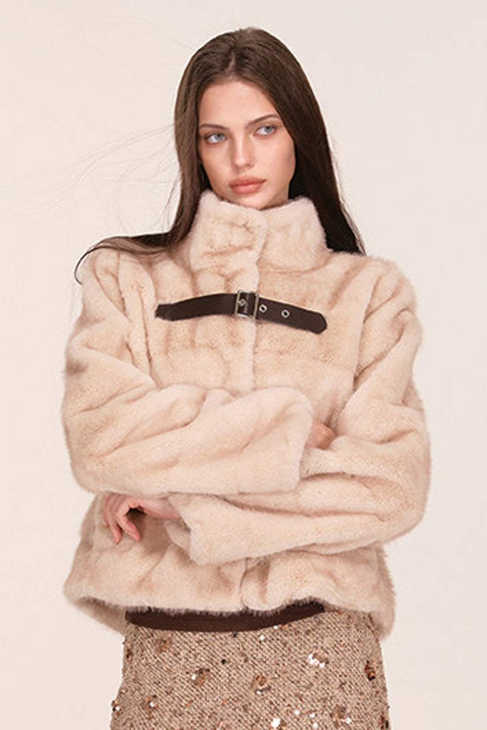 Stand Collar Faux Mink Fur Jacket