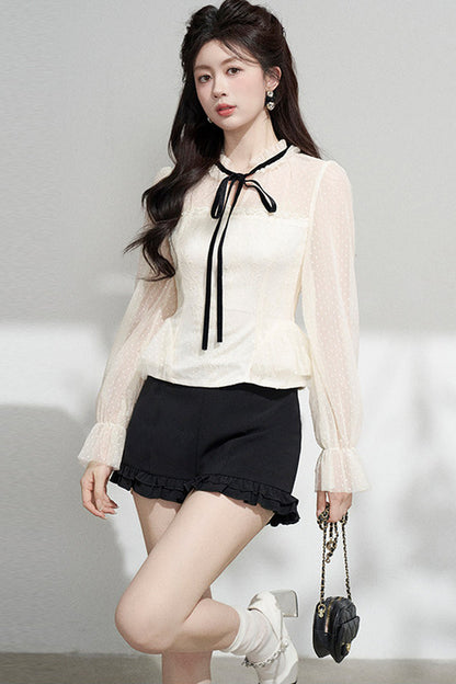 Apricot Mesh Ruffle Blouse
