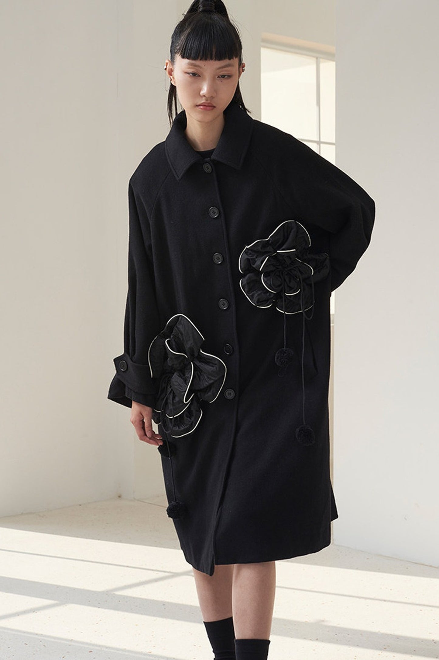 Floral Pleated Wool Coat