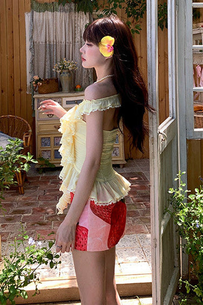 Yellow Ruffle Halter Top and Strawberry Skirt Set-Up