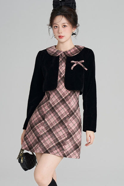 Layered-Look A-Line Plaid Dress