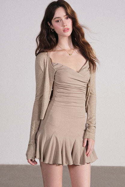 Wavy Hem Suspender Dress and Cardigan Set-Up