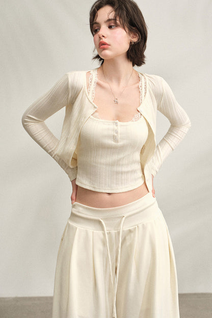Ribbed Lace Long-Sleeve Cardigan
