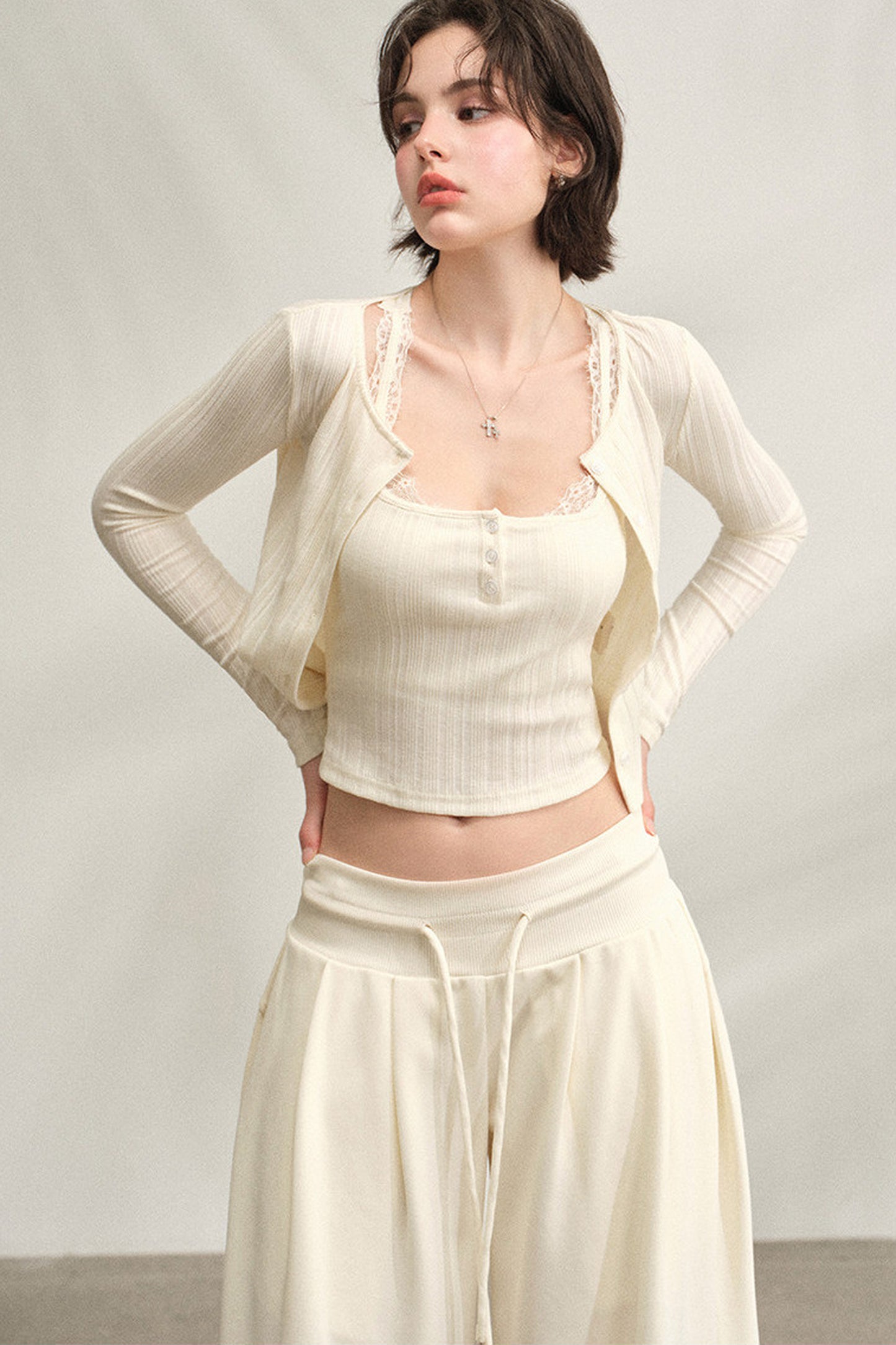 Ribbed Lace Vest Dress with Cardigan Set-Up