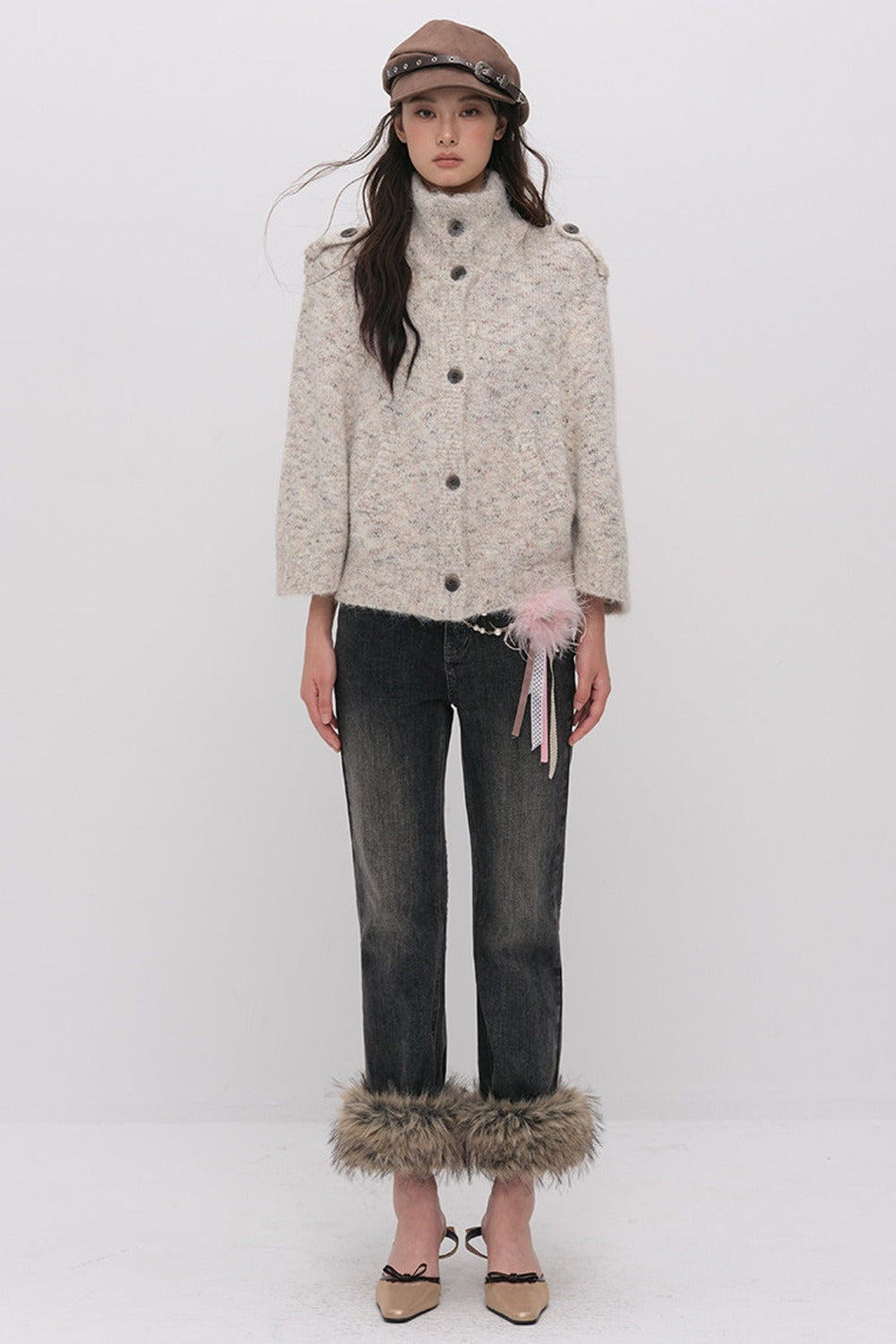 Stand Collar Corsage Knit Cardigan