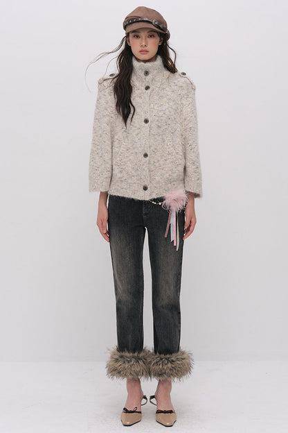 Stand Collar Corsage Knit Cardigan