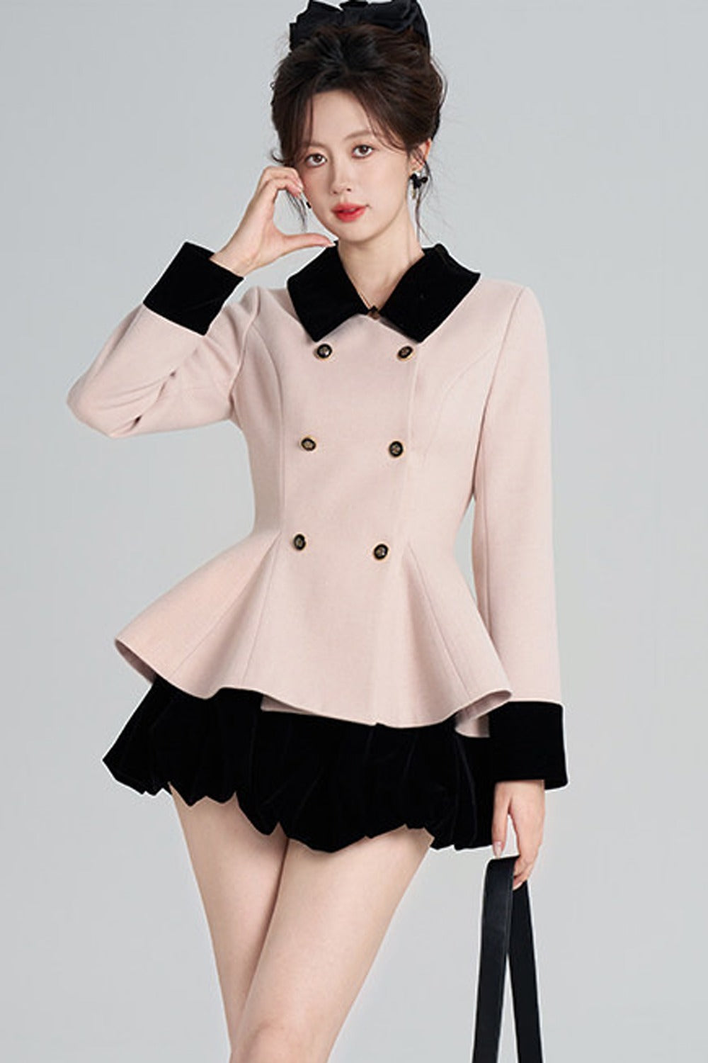 Pink Woolen Coat and Black Skirt Set-Up