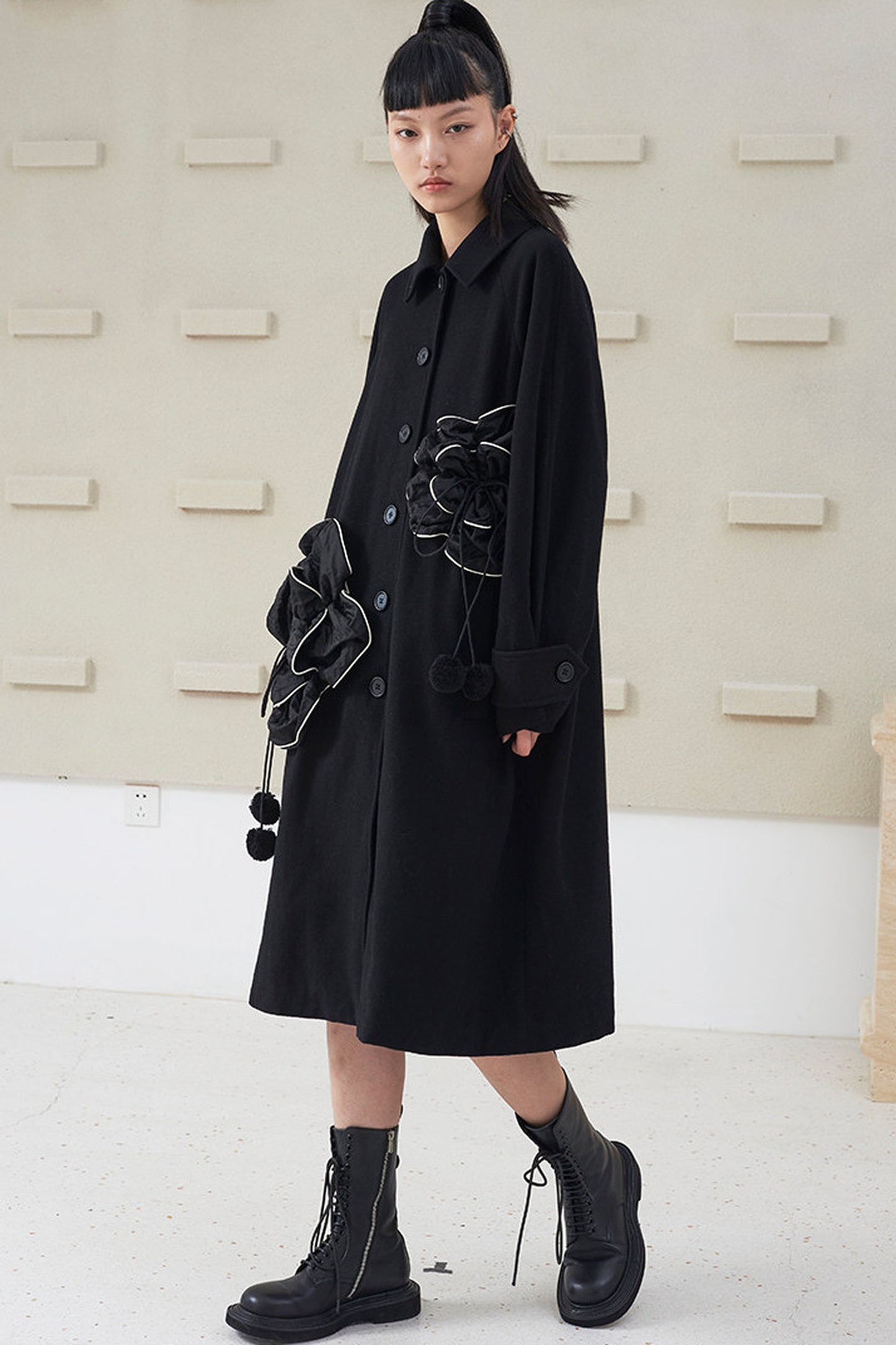 Floral Pleated Wool Coat
