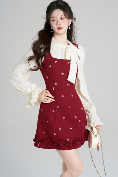 Red Sleeveless Dress and Apricot Top Set-Up