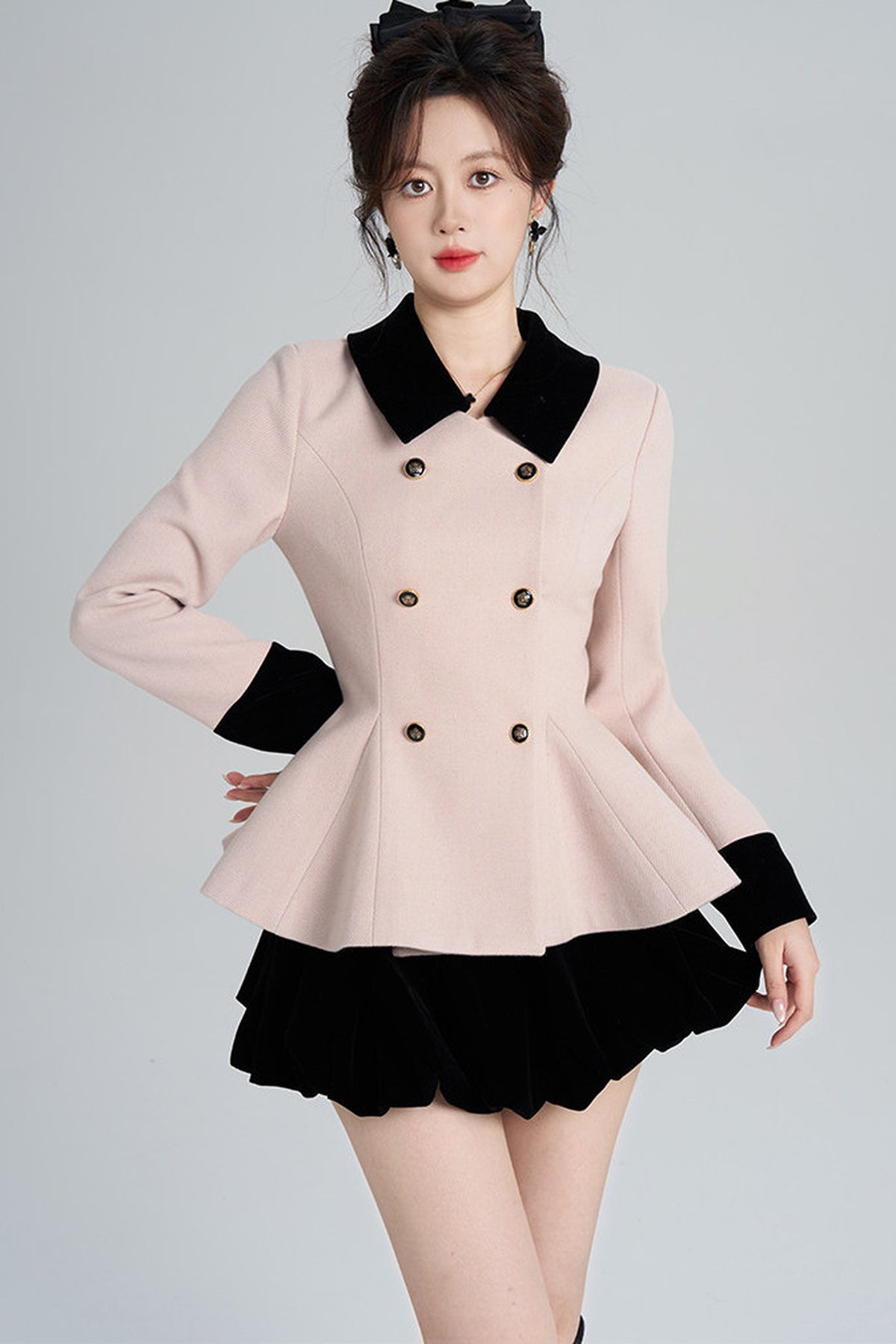 Pink Woolen Coat and Black Skirt Set-Up