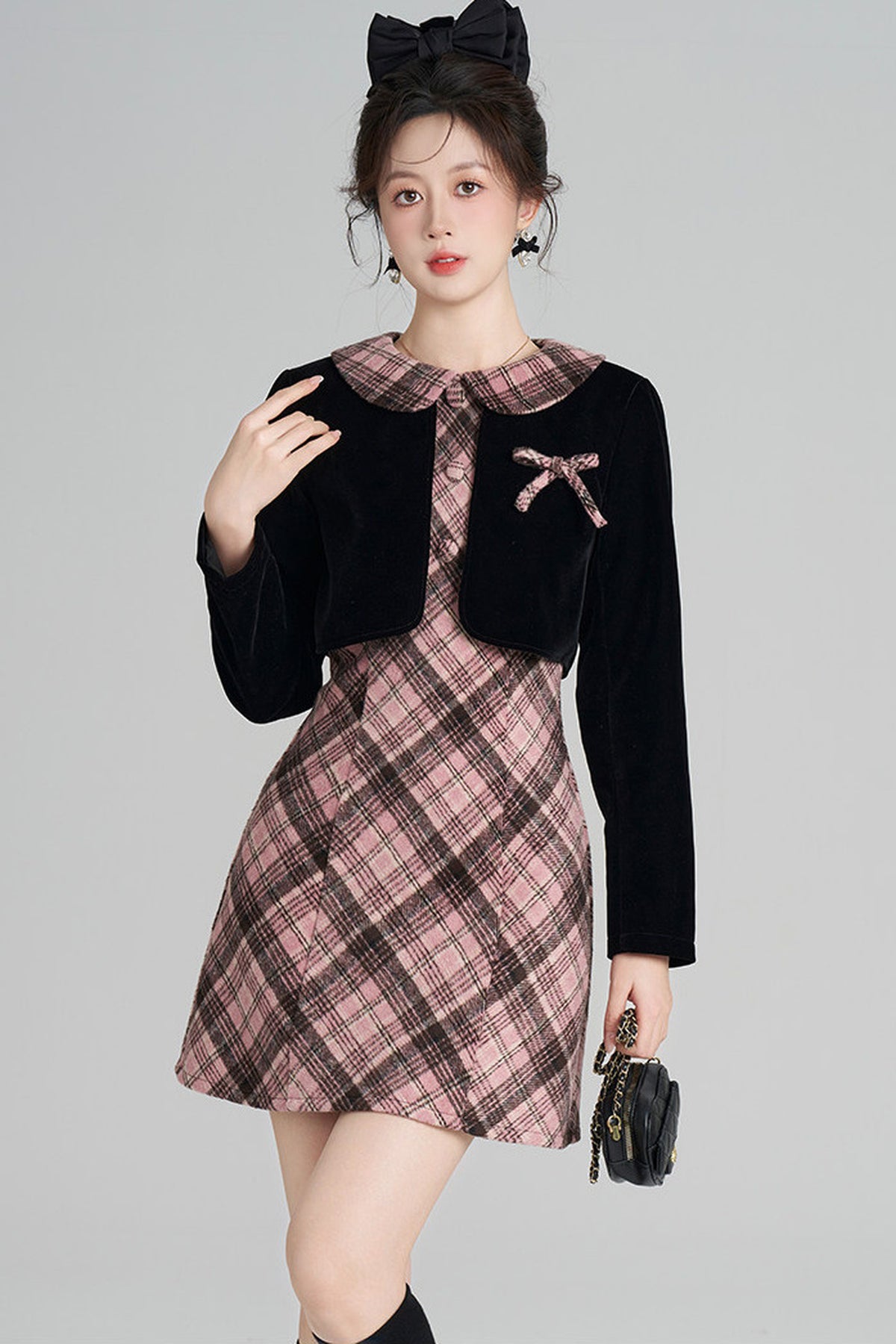 Layered-Look A-Line Plaid Dress
