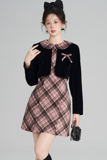 Layered-Look A-Line Plaid Dress