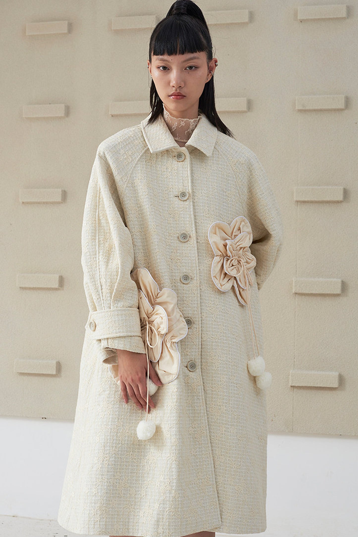 Floral Pleated Wool Coat