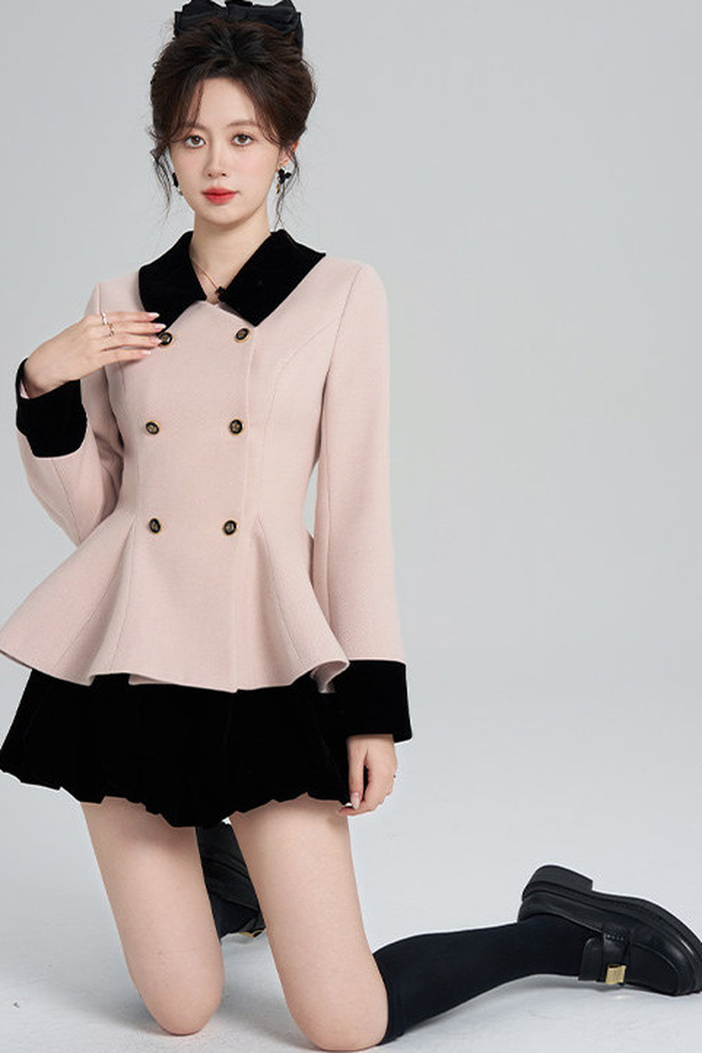 Pink Woolen Coat and Black Skirt Set-Up