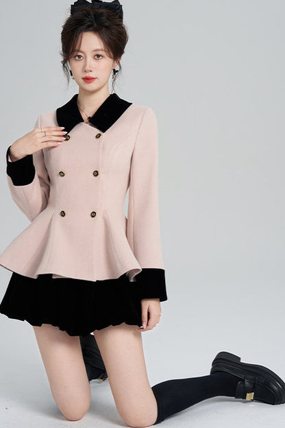 Pink Woolen Coat and Black Skirt Set-Up