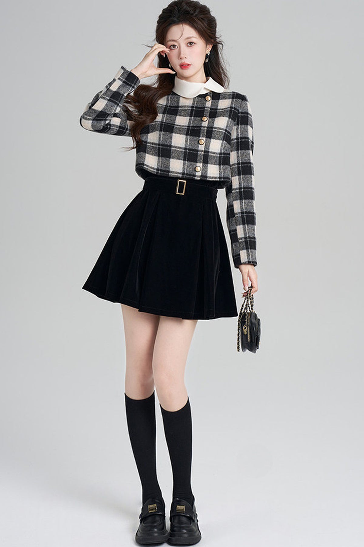 Layered-Look Plaid Velvet A-Line Dress