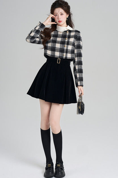 Layered-Look Plaid Velvet A-Line Dress