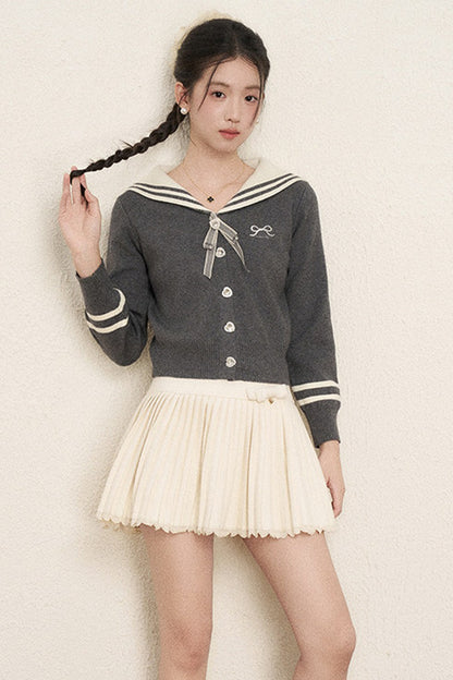 Bow Sailor Collar Knit Cardigan Set-Up