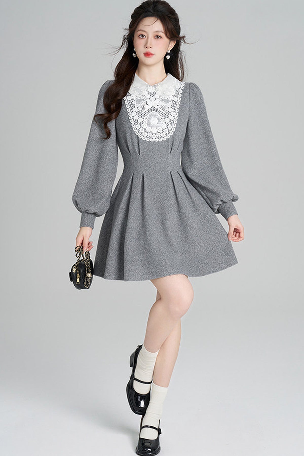 Lace Patchwork Puff Sleeve Dress