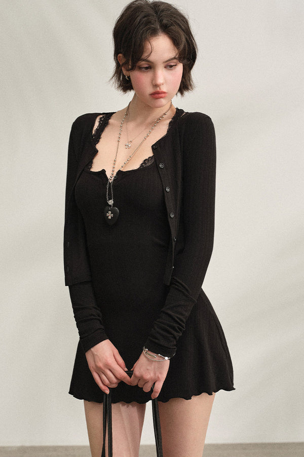 Ribbed Lace Vest Dress with Cardigan Set-Up