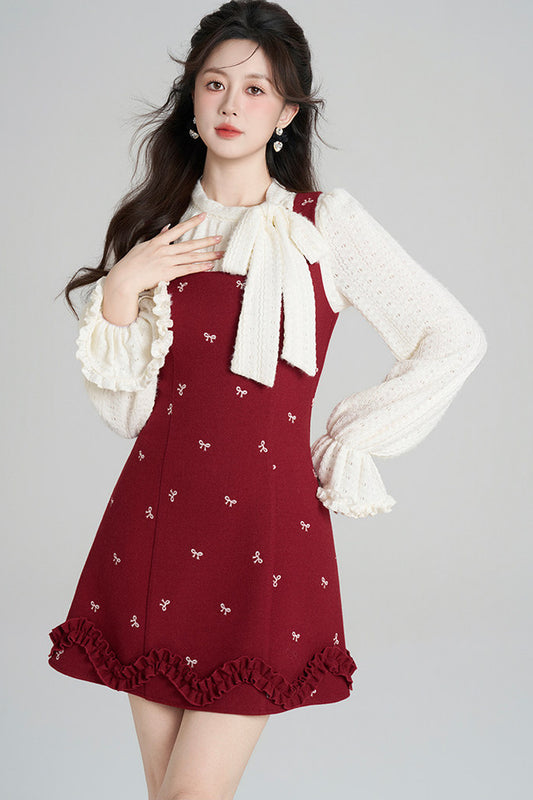 Red Sleeveless Dress and Apricot Top Set-Up