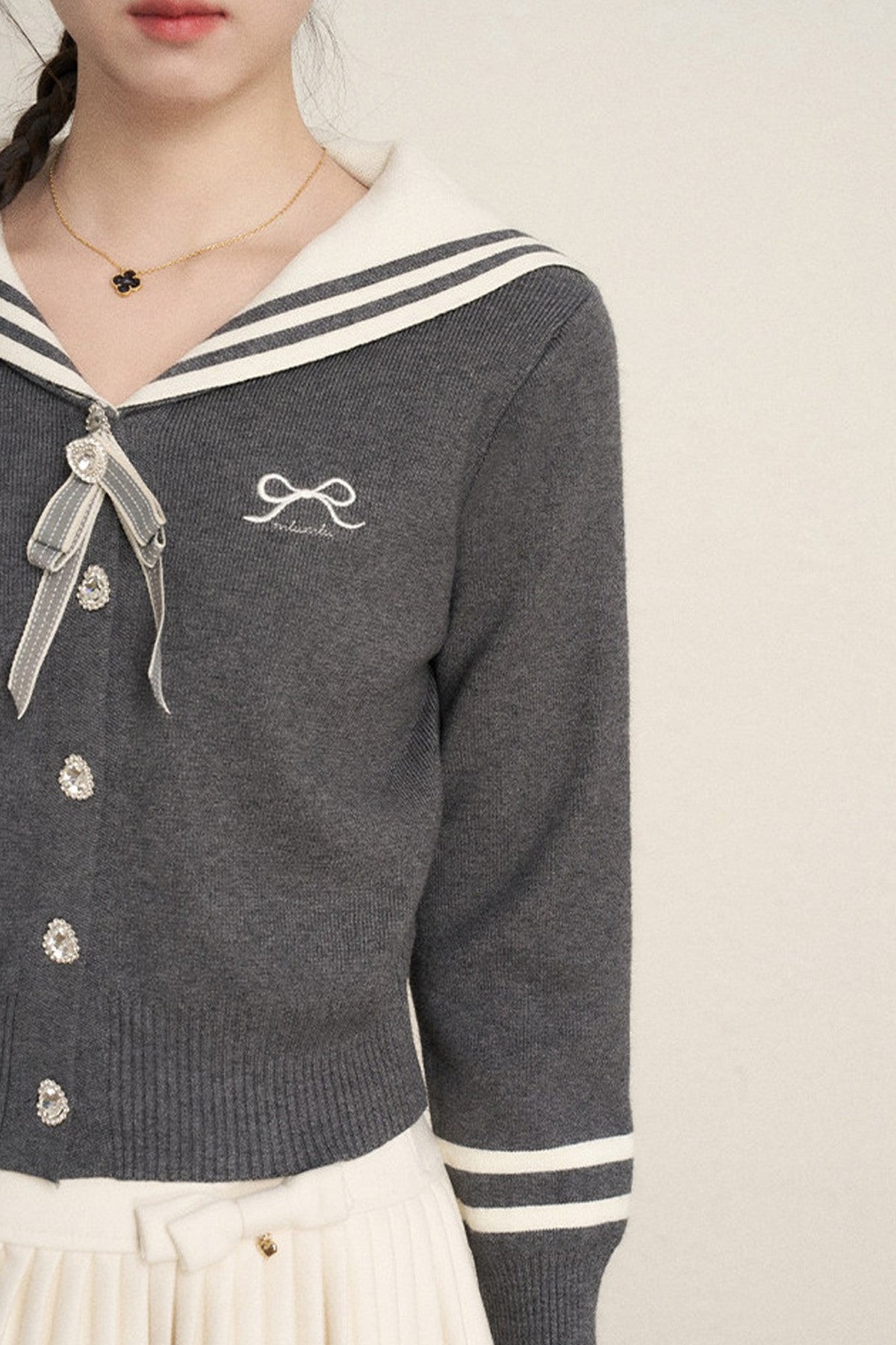 Bow Sailor Collar Knit Cardigan Set-Up