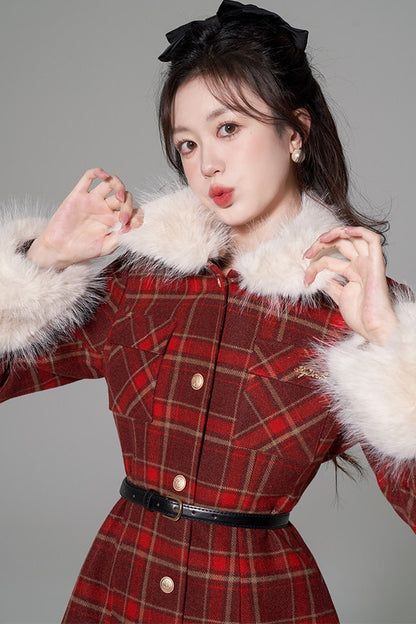 Red Christmas Plaid Woolen Coat